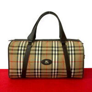 Burberry Nova check Shadow Black Horse logo canvas leather Boston bag brown